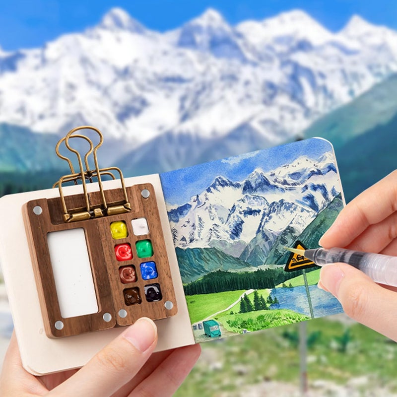 F'DIARY Mini Travel Watercolor Set Pocket Artist Watercolor Travel Set Grid Palette Box Sketch Book With Binder Clips Art Painting Kits For Painters Artists Students - Image 4